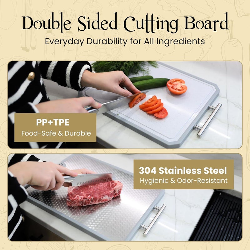 MUGAA Stainless Steel Cutting Board, Double-Sided 304 Stainless Steel & PP, Built-In Knife Sharpener, Non-Slip Juice Groove, Dishwasher Safe Steel Cutting Boards For Kitchen, Medium (15.6" x 12") - Image 2